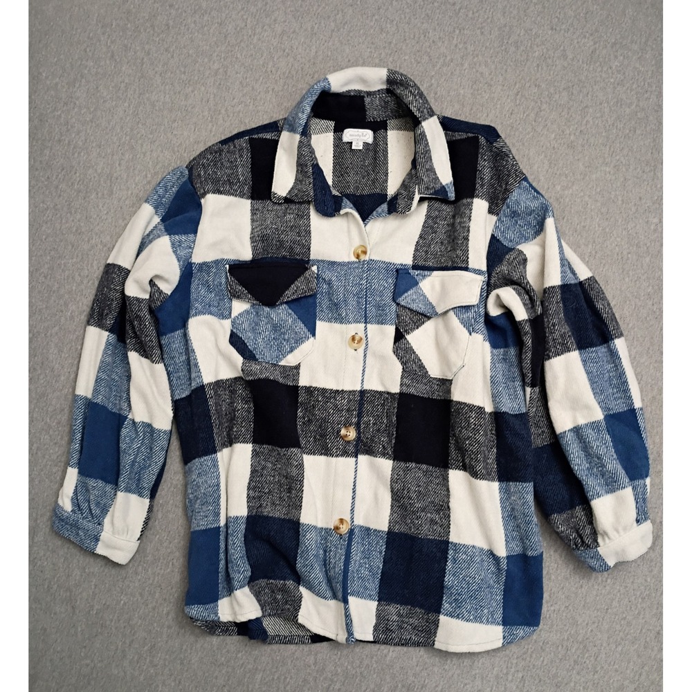 Mud Pie Womens Blue White Buffalo Plaid Chore Jacket Shacket XL Chunky